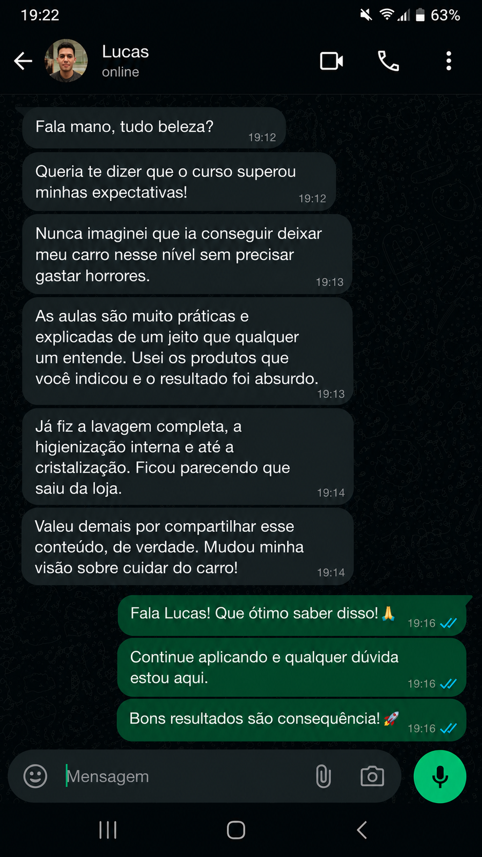 Depoimento de aluno no WhatsApp